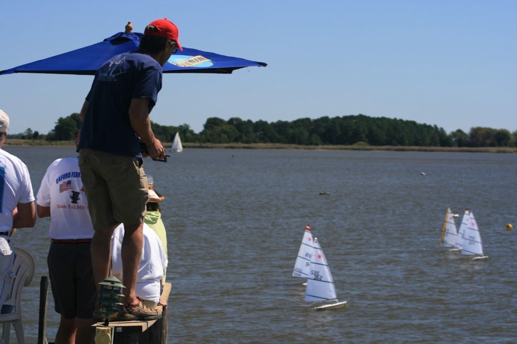 Tom Lippincott provides body english and a keen vantage point to shepard his RC Laser downwind at Rock Hall, MD