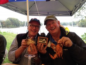 Driver, Dave Brooks and Skipper, Bob Roe, display their hard earned Ft. Stoakes Cannonball River Race fourth place trophy and crabs. Bob never met a party he didn't like. All Good.