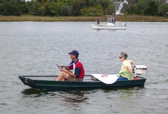 Harry and Jeannie Henkel guide their RC Laser on the Tred Avon River